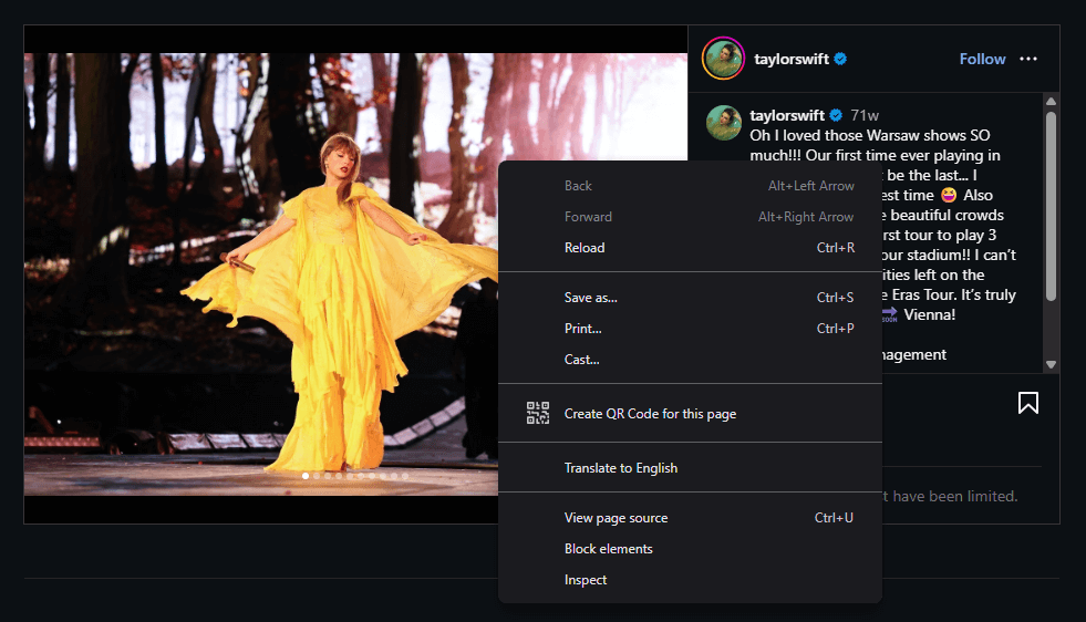 Right-click context menu on Instagram image without Open image in new tab option