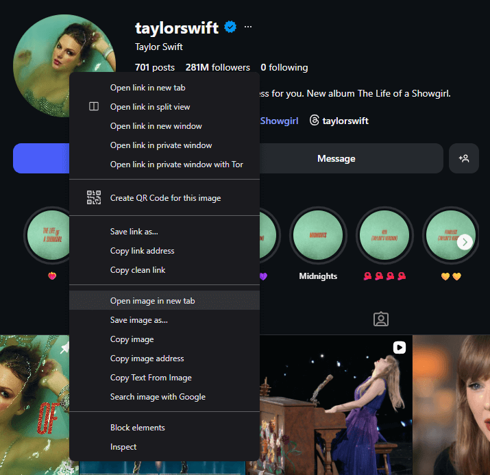 Instagram profile picture with right-click context menu
