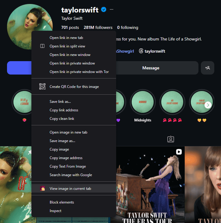 Instagram profile picture with Enhanced Image Viewer context menu options
