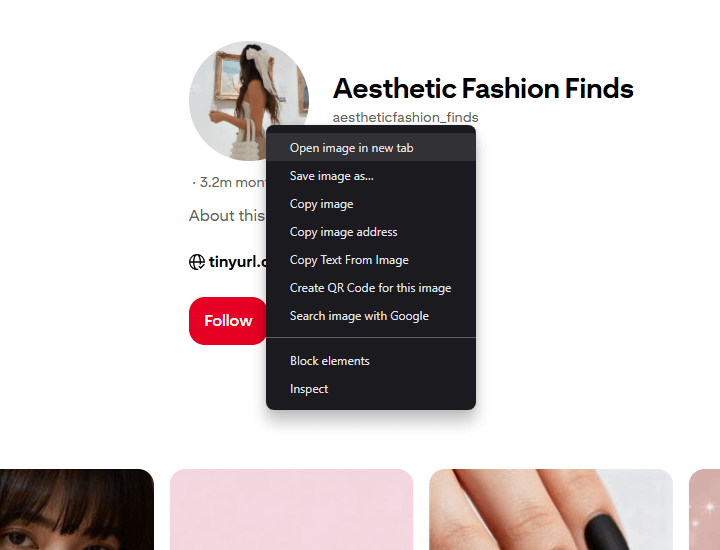 Pinterest profile picture with right-click context menu