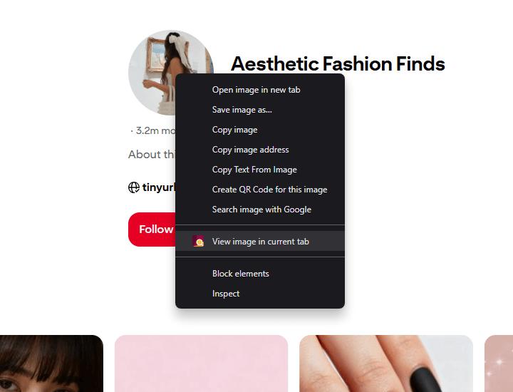 Pinterest profile picture with Enhanced Image Viewer context menu options