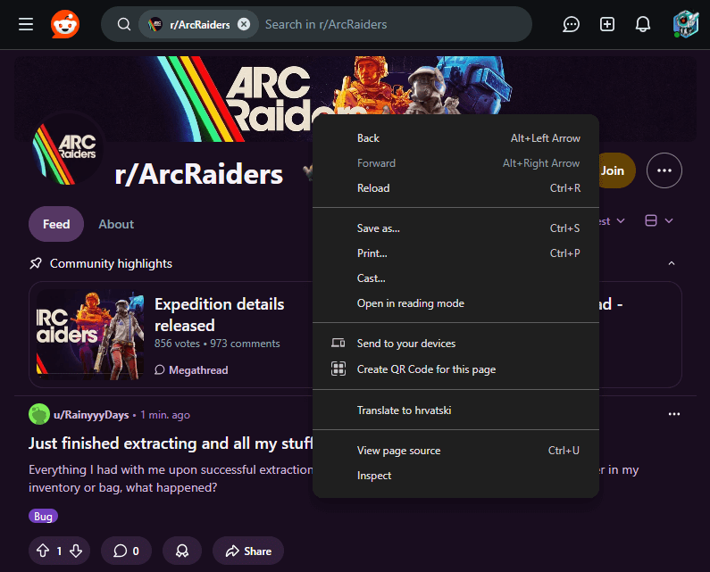 Right-click context menu on a Reddit banner without Open image in new tab option